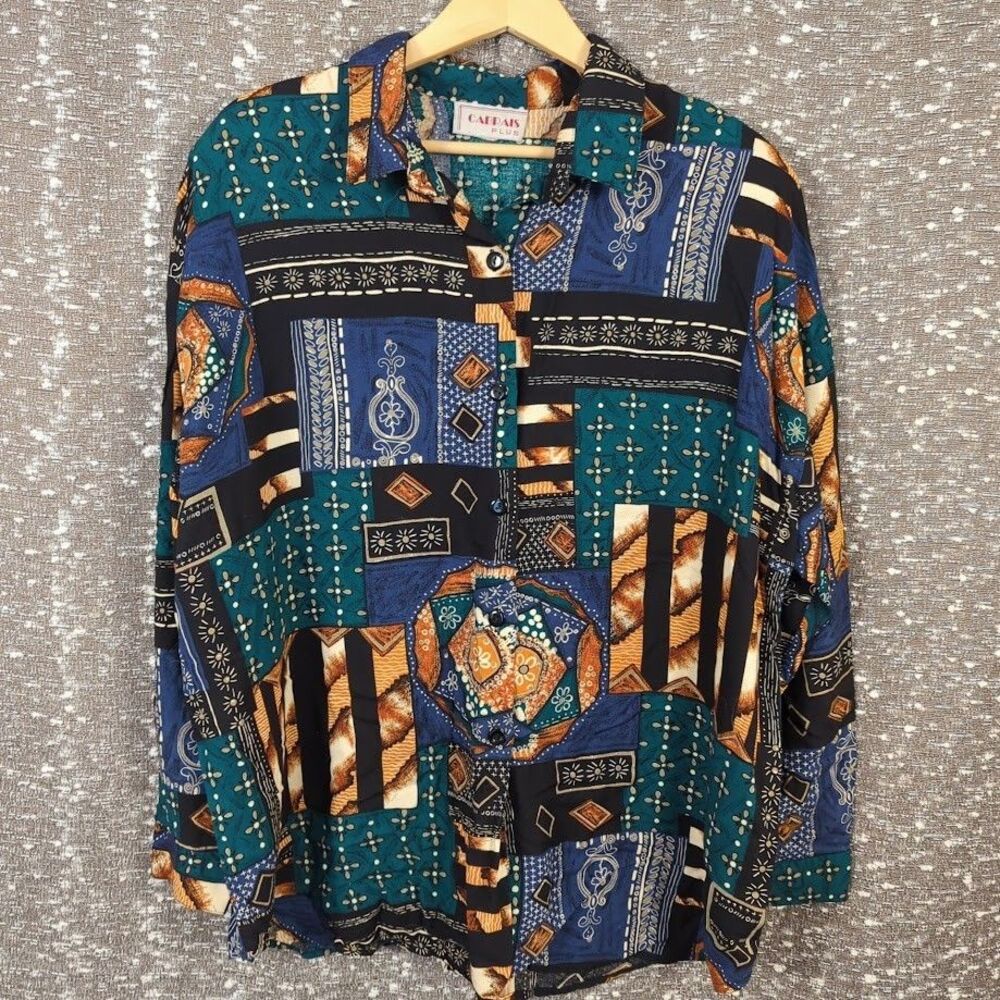 Vintage Cabrais Multicolor‎ Artsy Button Up Long Sleeve Shirt Women's 42/22W
